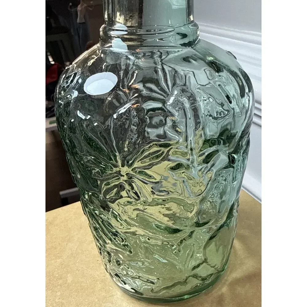 Vintage Canada Green Embossed Glass Bottle Decanter Cork Stopper Floral Leaf